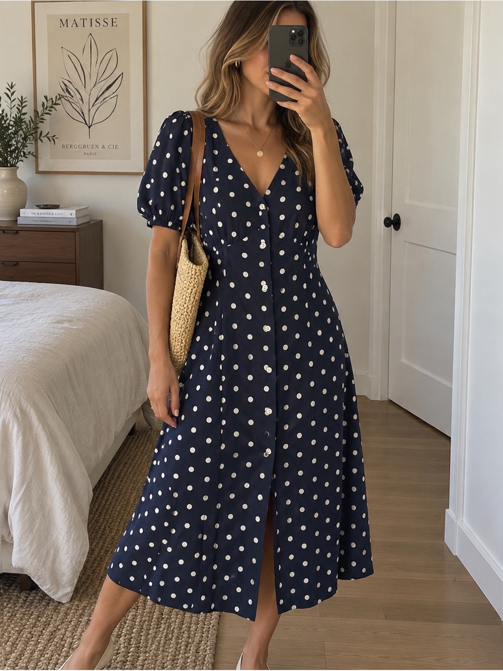 GAP Navy Blue Polka Dot Button Front Midi Dress Medium Puff Sleeve